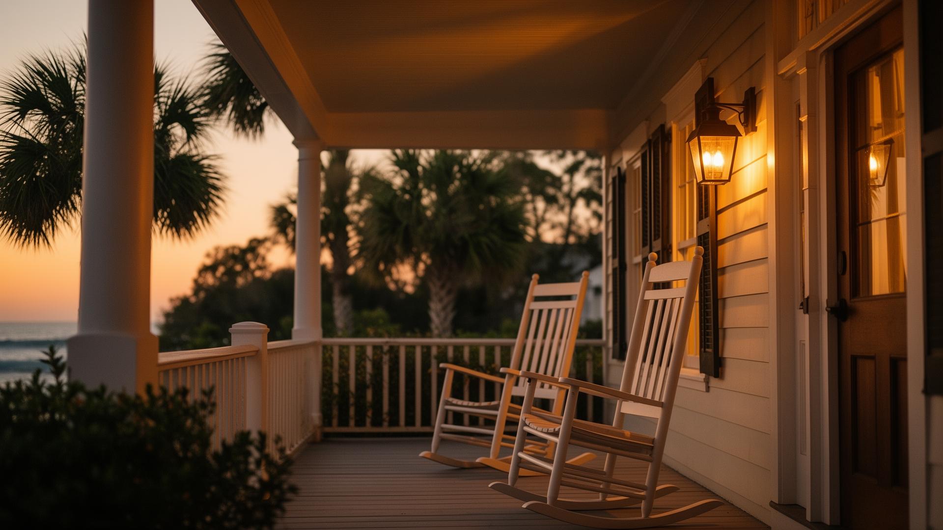 Southern coastal home porch at golden hour